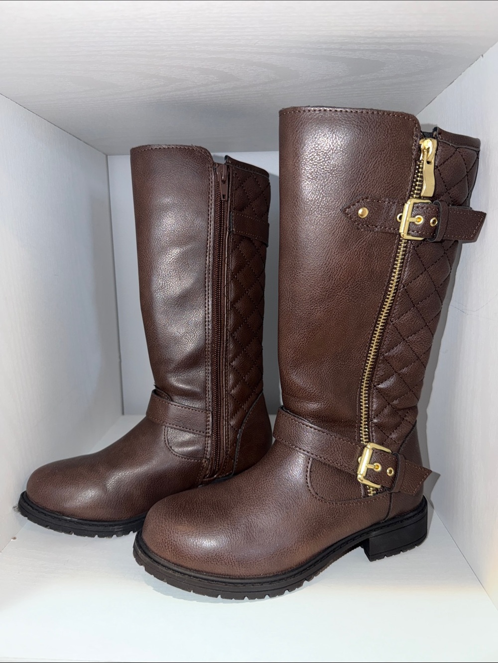 Girls Quilted Tall Riding Boots in Dark Brown